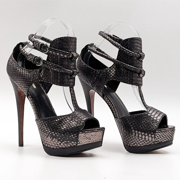 Leon Max Women Bugsy Snake Leather Platform Black Open Toe heels size 6.5 - Picture 1 of 10